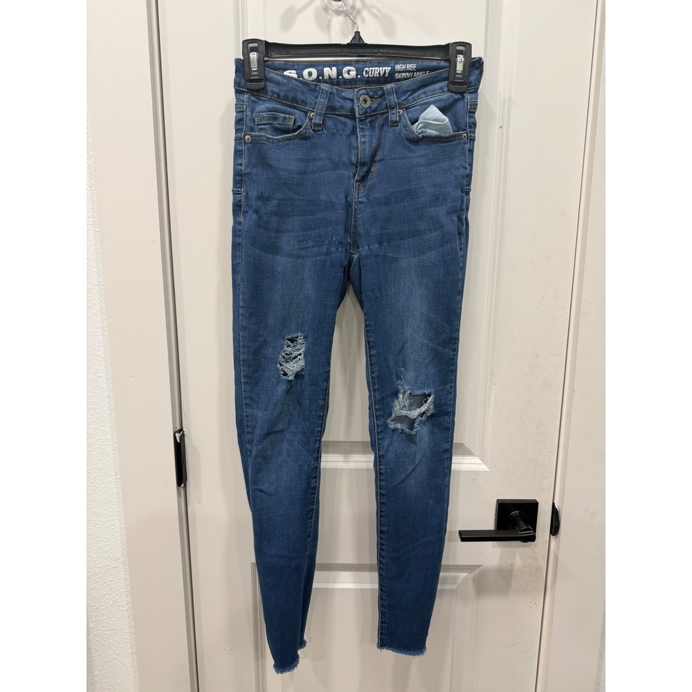 S.O.N.G. Curvy High Rise Skinny Ankle Jeans Distressed Ripped‎ Raw Hem Blue 1/25